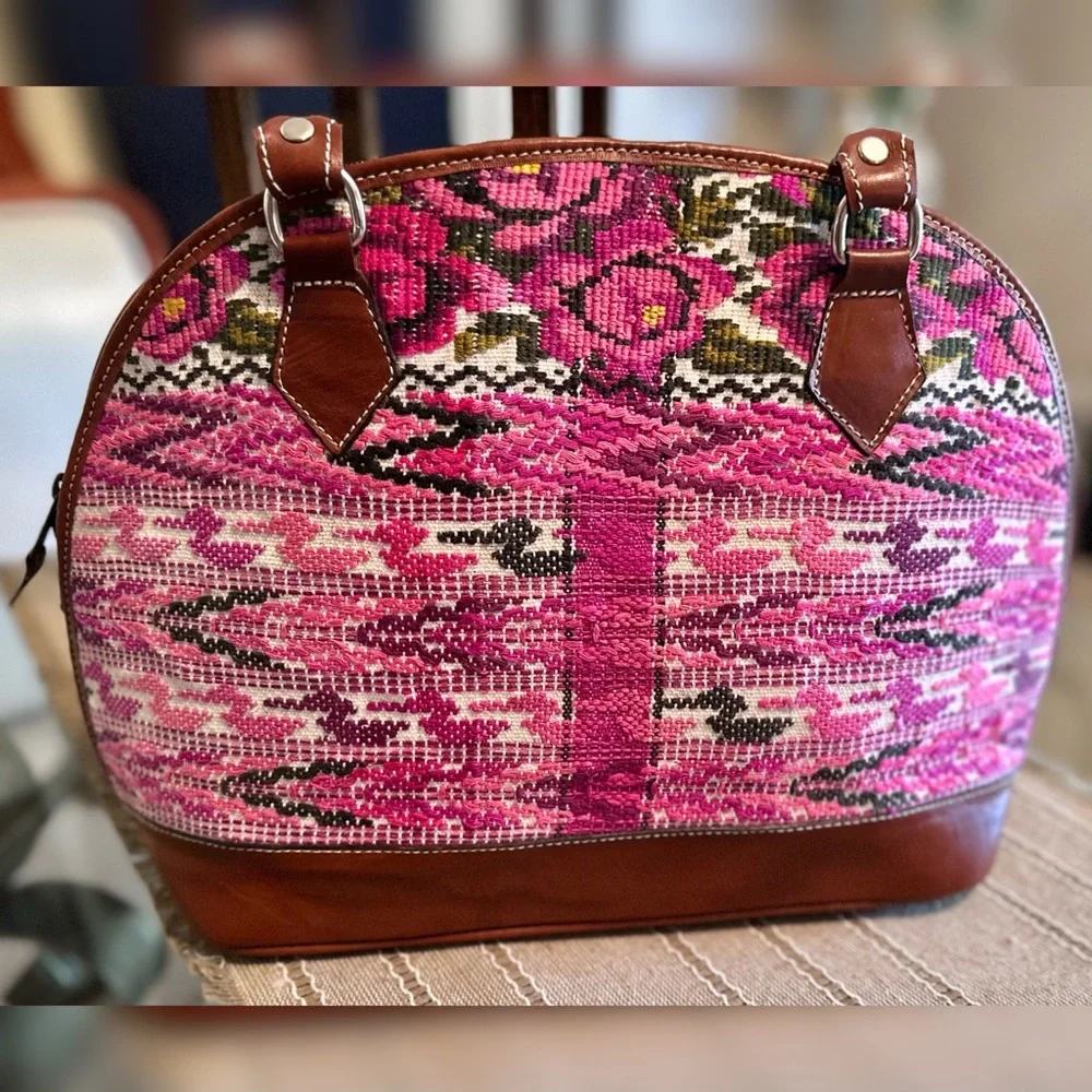 Leather Satchel w/ Pink Floral & Southwestern Pattern Embroidery